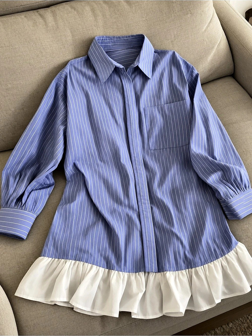 ASOS DESIGN long sleeve frill hem mini shirt dress in blue stripe